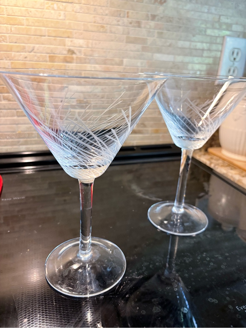 2 Vintage Grass Cut Etched Martini Glasses